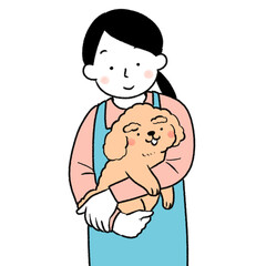 犬を抱えるエプロンを着た女性のイラスト