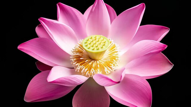 Pink flower with yellow center proudly sits against black background, perfectly capturing fleeting moment of growth and development, conceptually evoking lapse or time passing.