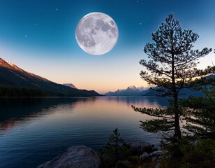 a serene landscape featuring a full moon tree mountains and a tranquil lake at dusk