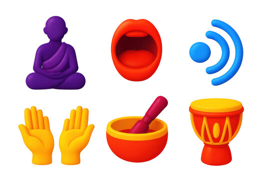 Chanting Practice Icons. 3D icon set of chanting practice: monk silhouette, open mouth chant, vibrating bowl, echo waves, raised