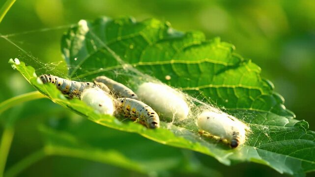 Silkworm caterpillars weaving white silk cocoons on a vibrant green mulberry leaf in a natural setting