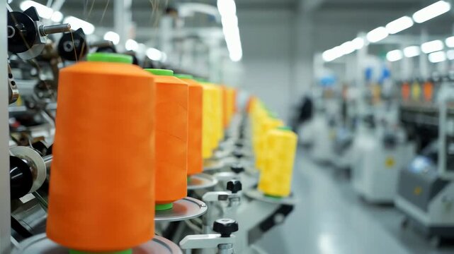 Automated textile production line with vibrant orange thread spools spinning on industrial equipment