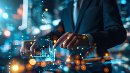 Businessman Analyzing Financial Data and Charts on Laptop at Night Office Desk