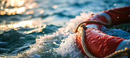 Vibrant Lifesaver Floating Amidst Splashing Waves in Shimmering Sunlit Sea