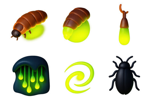 Glowworm Icon Collection. 3D icon set of glowworms in nature: glowing larva, bioluminescent tail, hanging thread, cave glowworm