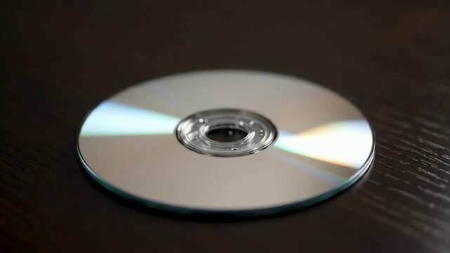 A close-up view of a silver compact disc or DVD reflecting light on a dark wooden surface, representing retro technology and data storage.