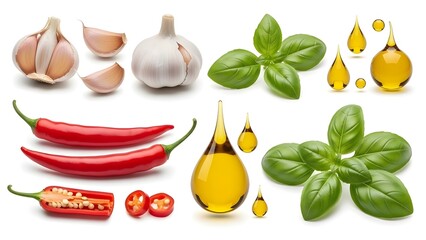 Fresh garlic, vibrant red chili, basil leaves, and olive oil on a white background