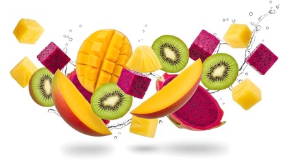 A vibrant assortment of tropical fruits, including mango, kiwi, and dragon fruit, floating in mid-air