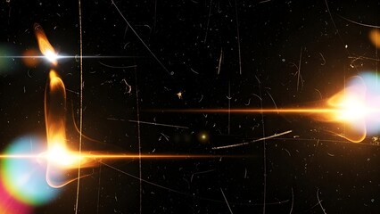 A vintage film overlay featuring bright lens flares and glowing light artifacts on a black background