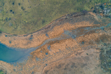 Abstract landscape of orange-brown marshlands and dark water pools showing seasonal color palette and vulnerable ecosystem aerial view
