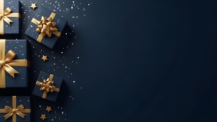 Luxury Dark Blue Christmas Banner Background With Elegant Gift Boxes Gold Silver Ribbons Spacious Copy Space Festive Winter Holiday Card Design