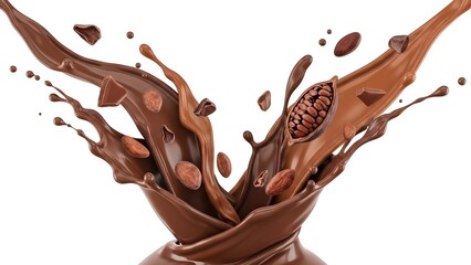 A rich, liquid chocolate splash featuring cocoa beans and solid chocolate pieces