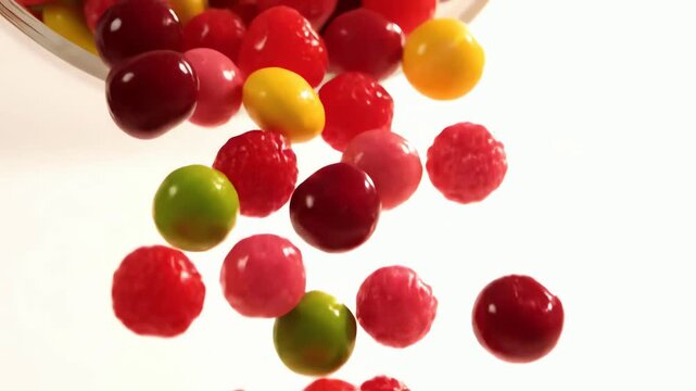 Vibrant and colorful mixed fruit candies falling in super slow motion against a clean white background