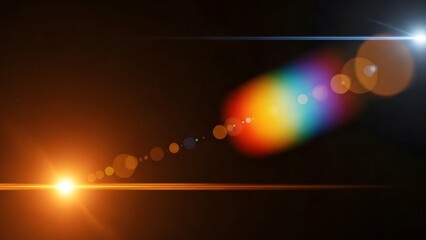 Abstract cosmic light flares with rainbow colors and lens distortion effect on dark space background