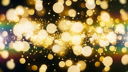 A festive and elegant background featuring golden bokeh lights and glitter particles