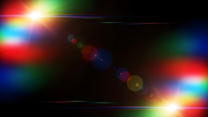 Vibrant rainbow lens flare with horizontal streaks and bokeh effects on a black background