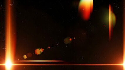 An abstract image featuring glowing orange light leaks and vintage dust particles on a dark background