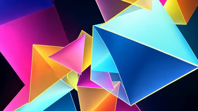 Abstract Geometric Forms in Dynamic Composition: A vibrant array of geometric shapes and forms dances across a dark backdrop, creating an eye-catching display of color and form.