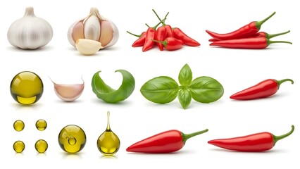 Fresh culinary ingredients including garlic, basil, and red chili peppers on white