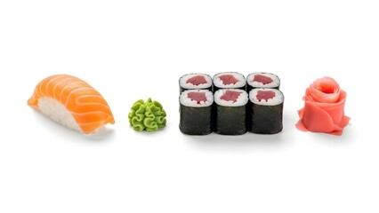 A selection of traditional japanese sushi including salmon nigiri and tuna maki rolls