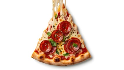 A delicious pepperoni pizza slice being lifted with a long string of melted cheese