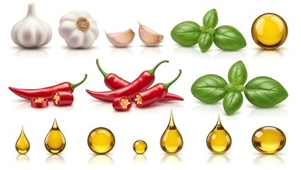A collection of fresh cooking ingredients including garlic, basil, and red chili peppers with oil drops
