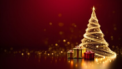 Abstract christmas tree forming from golden particles on a dark blue background with bokeh and copy space