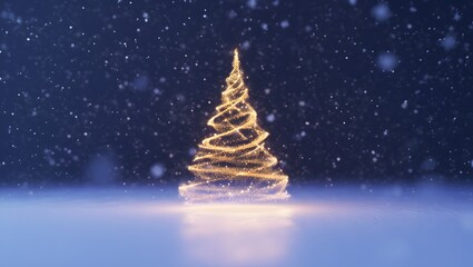Abstract christmas tree forming from golden particles on a dark blue background with bokeh and copy space