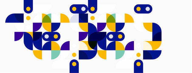 Abstract geometric shapes, vibrant colors, modern design. Composition features repeating patterns, playful forms, clean aesthetic.