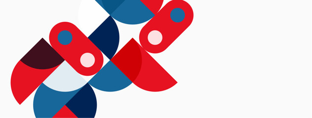 Abstract geometric shapes overlap, creating dynamic composition. Red, navy, pink hues dominate white background. Modern design elements present.