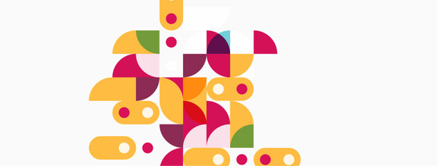 Fototapeta premium Abstract geometric shapes, vibrant colors, playful composition. Circles, semicircles, dots create dynamic visual texture. Modern design.