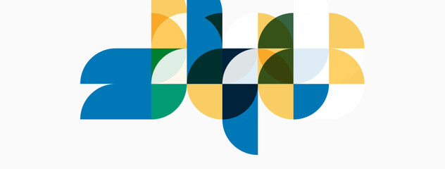 Abstract geometric shapes overlap, creating colorful patterns. Blue, green, yellow tones dominate composition. Modern design element.