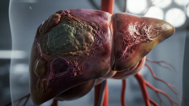 A detailed 3D medical animation illustrating the growth of a cancerous tumor on a diseased human liver