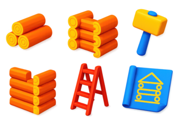 Cabin Construction Icons. 3D icon set of cabin construction stages: log stack, corner notch, wooden mallet, half-built wall,