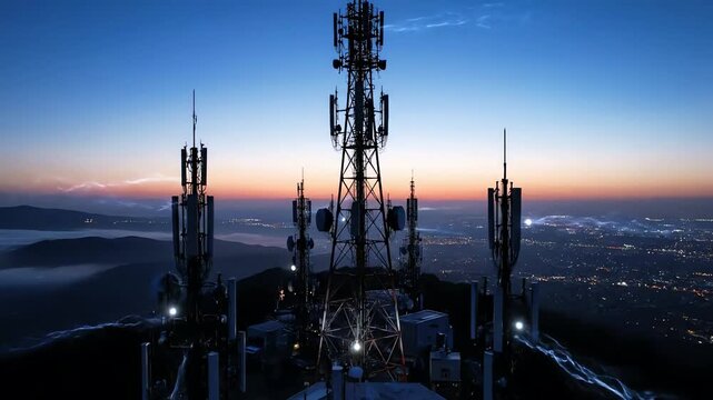 A cinematic aerial view of a futuristic 5G communication tower broadcasting data signals over a sprawling city at sunset