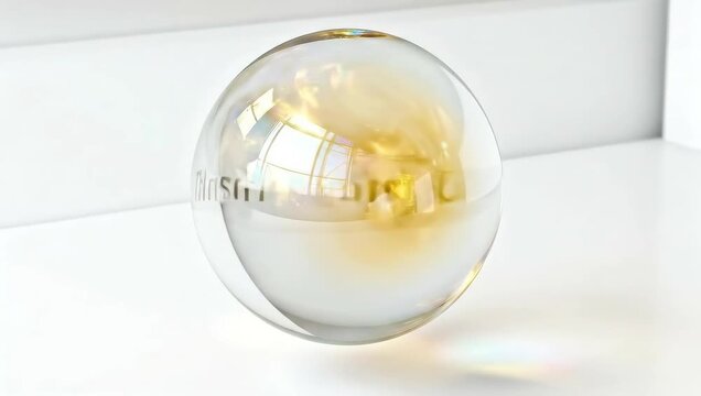 Transparent sphere with swirling gold patterns on white background Concept of Christmas and New Year  