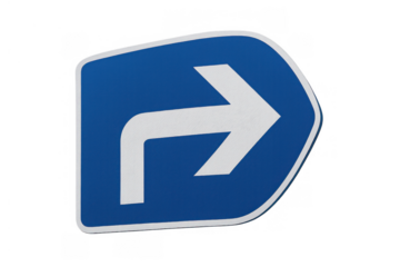 Blue traffic sign showing arrow pointing right, indicating a required turn or designated path, transparent background