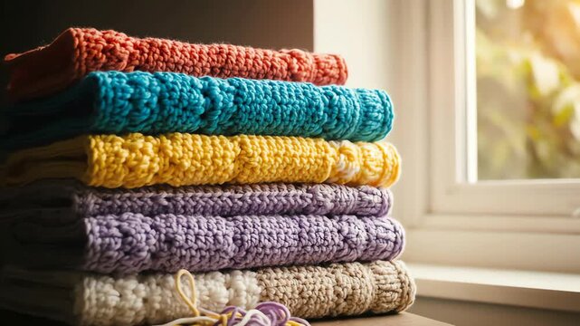A vibrant stack of cozy hand-knitted blankets with soft natural light from a window