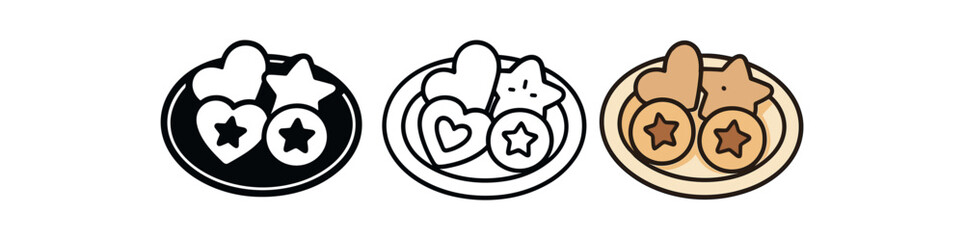 Flat vector illustration cookie plates with round heart and cookies soft rounded forms clean outline one black and white flat version one outline version one color version cozy kitchen style