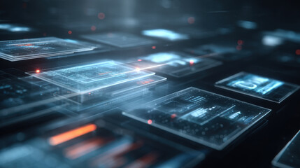 Abstract Futuristic Digital Information Technology Background with Overlapping Transparent Screens Showing Data Analysis Charts Graphs and Diagrams Representing Big Data Processing