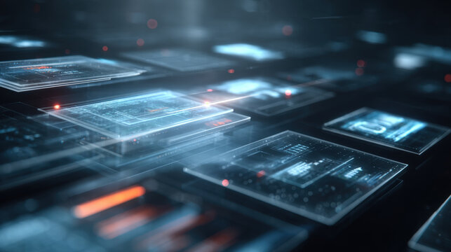 Abstract Futuristic Digital Information Technology Background with Overlapping Transparent Screens Showing Data Analysis Charts Graphs and Diagrams Representing Big Data Processing - Powered by Adobe