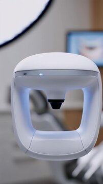 Futuristic white VR headset with glowing indicator light showcasing immersive technology and modern design for gaming virtual reality experiences and digital innovation