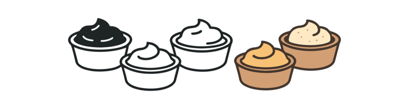 Flat vector illustration simple sauce dishes ketchup mustard and dip soft rounded shapes clean outline one black and white flat version one outline version one color version cozy kitchen
