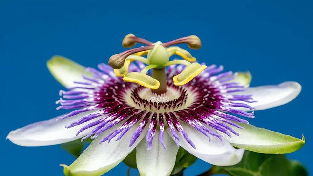 Beautiful macro time-lapse of a passion flower Passiflora caerulea opening its petals against a vibrant blue background.