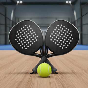 Two black padel rackets crossed above a bright ball on a wooden indoor court, symbolizing training, sport enthusiasm, and padel culture.
