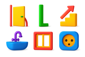 3D Blueprint Design Icons. 3D icon set of blueprint design symbols: door swing arc, wall thickness line, staircase arrow, window