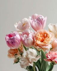 Obraz premium spring bouquet of tulips and roses in pastel colors on white background, clean floral product shot