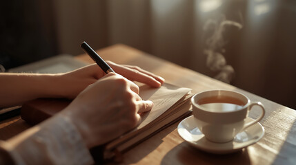 Writing in Notebook with Morning Coffee