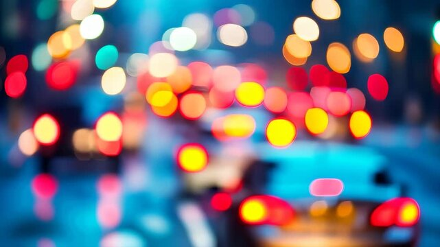 Night City Lights: A vibrant display of city lights blurring into a colorful spectacle of motion. Car taillights and city lights create an abstract view.