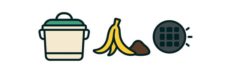 Flat vector illustration of countertop composting: small caddy with lid banana peel and coffee grounds and charcoal filter icon rounded shapes clean outline clean white background